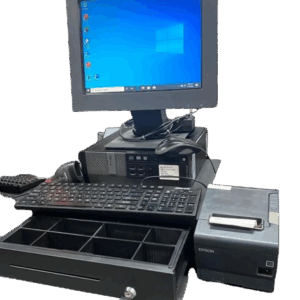 IBM TOUCH SCREEN MONITOR FULL SET POS INCLUDING A CASH DRAWER, PC BOX, BARCODE SCANNER, EPSON TILL PRINTER +KEYBOARD AND MOUSE (REFURBISHED)